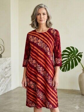 Handcrafted Cotton Orange Red Floral Strips Coverup Lounge Dress Open Sides